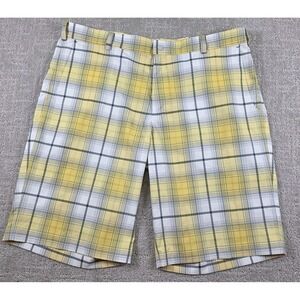 Nike Golf Dri Fit Men 38 Yellow Black Plaid Flat Front Tour Performance Shorts